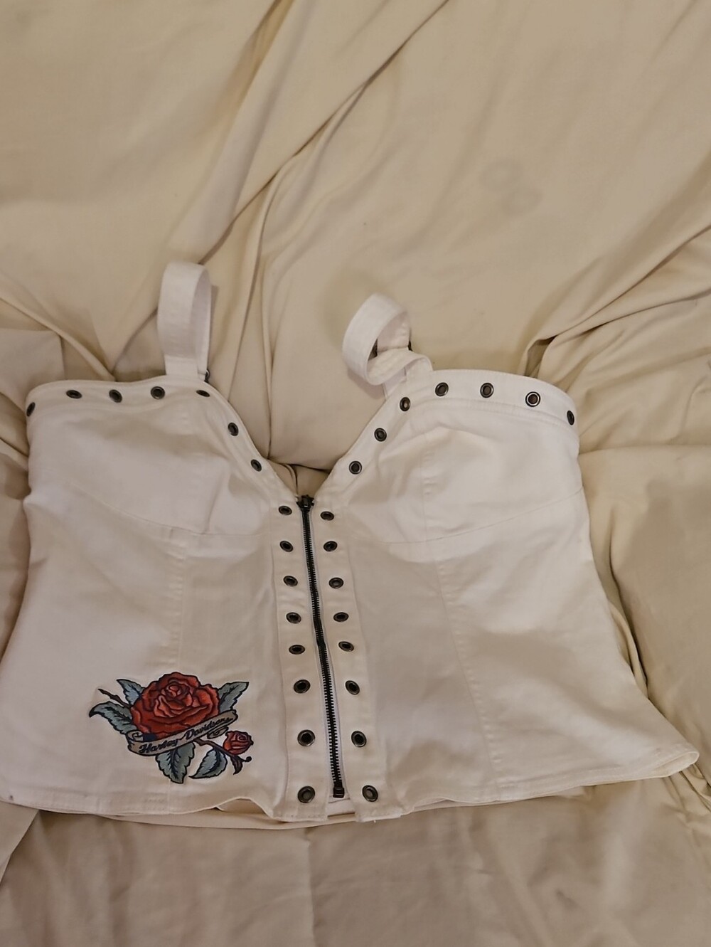 Harley Davidson Corset-Style Crop Top with Rose/ Bird Embroidery Front and Back